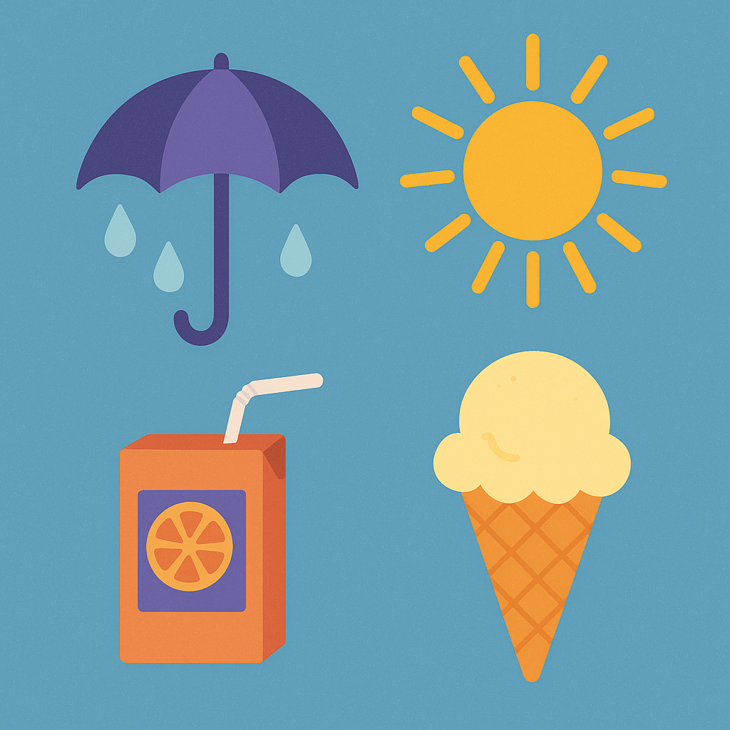 Fun collage of umbrella, sun, juice box, and ice cream cone – perfect for Houston’s muggy summer weather.